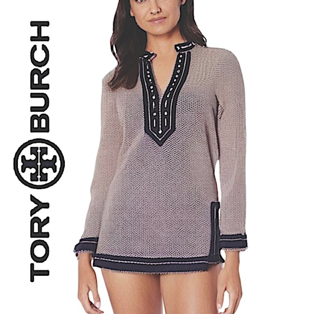 TORY BURCH.NWOT.Long Sleeve Beaded Zig Zag Print Tunic/Cover up.Black & White. 6